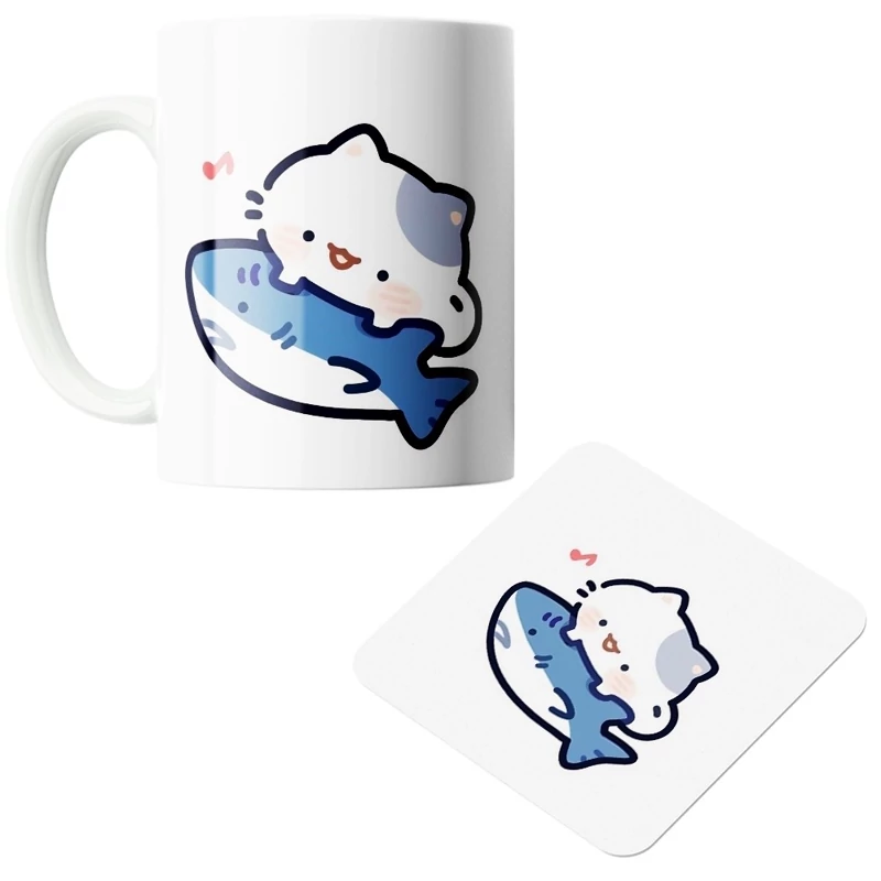 ماگ سرامیکی طرح گربه و کوسه به همراه زیر لیوانی کد1238